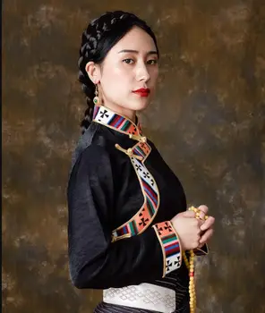 Традиционната китайска тибетски риза, дамска блуза, народни върхове, пролет-черни реколта етнически