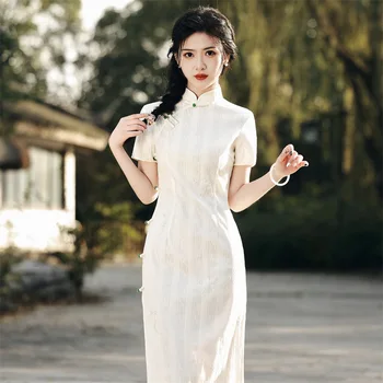 Ретро съставна лейси бродерия Рокли китайското лятото класическа елегантна жена ежедневното рокля Qipao с къс ръкав