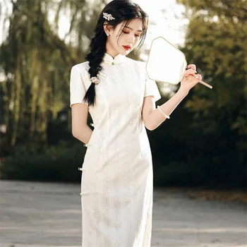 Ретро съставна лейси бродерия Рокли китайското лятото класическа елегантна жена ежедневното рокля Qipao с къс ръкав