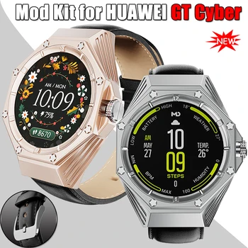 Луксозен метален корпус, кожена каишка, комплект модове за HUAWEI GT Cyber, калъф за часа Huawei серия GT Cyber, комплект за гривни, часовници