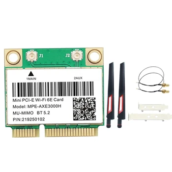 MPE-AXE3000H Адаптер Wi-Fi карта + Антени Wi-Fi 6E 2400 Mbit/с Mini PCI-E За БТ 5,2 802.11 AX 2,4 G/5G/6 Ghz Wlan Мрежова карта