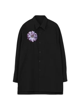 Лилави ризи с бродерия на цветя, риза унисекс, черна риза оверсайз yohji yamamotos homme, върхове Owens за мъже, ризи и блузи