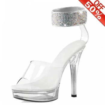 Летни модни прозрачни кристални обувки на висок ток 13 см, блестящи кристали, кука-контур, 5 инча, Открит чорап, Сексуален фетиш-Нов, Елегантен