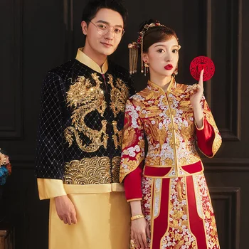 Ретро Китайската Елегантна Бродерия на Феникса е Увенчан с Традиционната Сватбена Рокля на Булката и Младоженеца Чонсам Сватбена рокля