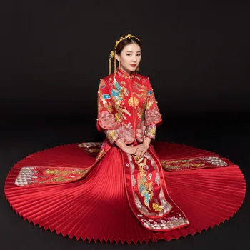 Ново вечерна рокля в китайски стил, кралския сватбен костюм на финикс чонсам, червен булката, ретро китайски традиционен костюм от епохата на Тан, Ципао