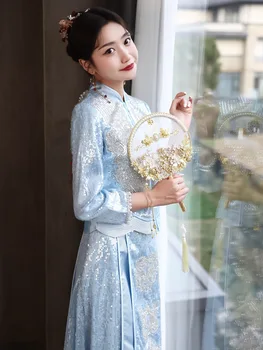 Китайските чонсамы, блестящо синьо сватбена рокля с пайети костюм Тан, женски четката с мъниста, Ципао, официално облекло за тостер