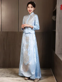 Китайските чонсамы, блестящо синьо сватбена рокля с пайети костюм Тан, женски четката с мъниста, Ципао, официално облекло за тостер