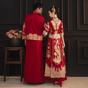 Лятна висококачествена бродерия във формата на цвете Финикс, Чонсам, китайското традиционно сватбената рокля на булката, Ципао, дрехи за брак