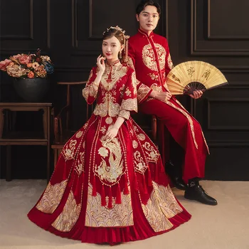Лятна висококачествена бродерия във формата на цвете Финикс, Чонсам, китайското традиционно сватбената рокля на булката, Ципао, дрехи за брак