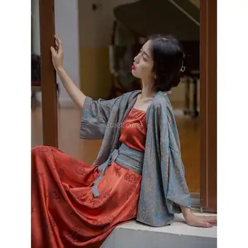 2023 ретро китайски супериорна древен стил hanfu, свободно палто, дълга рокля с принтом, комплект от две части за жените, ежедневно рокля hanfu g926