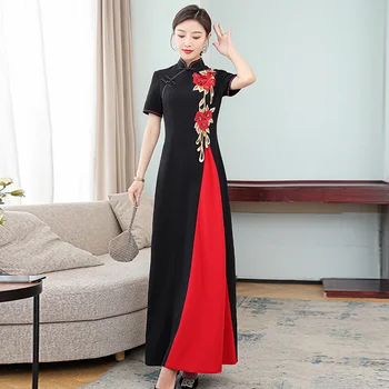 Китайските вечерни рокли, черни, подобряване на Ципао, дамски модни модерни дълги Чонсам, тънки реколта елегантни вечерни рокли за жени
