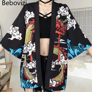 Юката Хаори, модерен японски кимона-жилетка с принтом дракон от аниме, годишен женски костюм с колан, облекло, черно яке, риза, cosplay