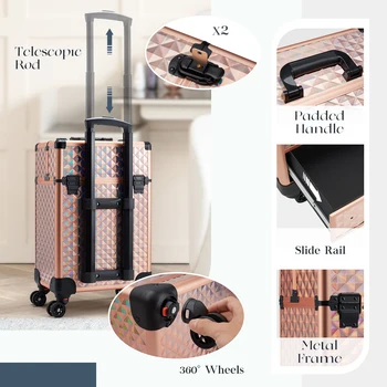 Професионален козметичен куфар на колела, голяма количка за съхранение на козметика, с чекмедже, калъф за грим на колела, технология на ноктите