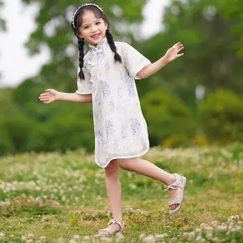 Нов прием на 2023 г., обличам Чонсам за момичета в китайски стил, скъпа детски дрехи с къси ръкави и принтом Ханфу