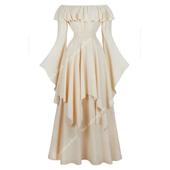 Викторианска рокля за жените, рокля с еластична талия, средновековна рокля с открити рамене, плюс размери, в елегантна вечерна рокля, рокля с дълъг ръкав