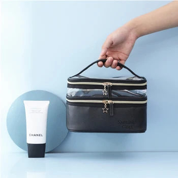 Косметичка от изкуствена кожа с подобрени дизайн, модерен преносим корея чанта за пътуване на открито, джобно водонепроницаемое съхранение на козметиката