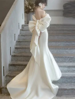 Женско бяло атласное вечерна рокля с открити рамене, страхотна дълга булчинска рокля с опашка на Русалка, Vestido De Новия