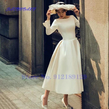 Vestidos De Новия, винтажное атласное кратко сватбена рокля чаена дължина, дълги ръкави, отворена върти, бижутериен силует, роклята на булката 2021, Robe De Mariée