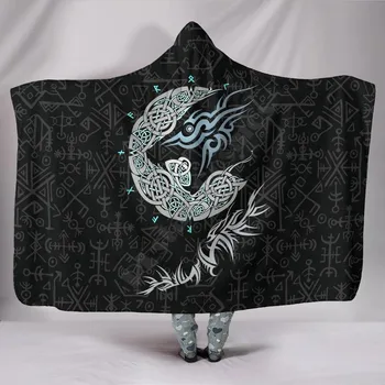 Одеало с качулка в стил викингите Fenrir Вълк, подходящ за носене одеяло с 3D принтом, за възрастни, за деца, одеало с качулка, флисовое одеяло