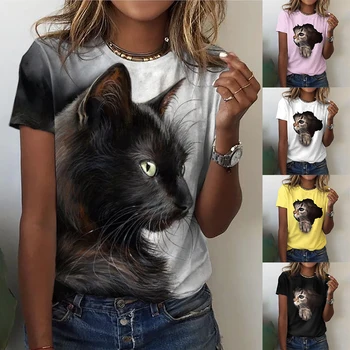 Летни дамски тениски с 3D принтом котка, върховете на всеки ден с кръгло деколте, ежедневни градинска дрехи, нов дизайн, дамски модни тениска XS-8XL