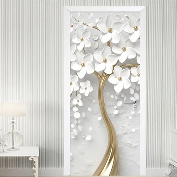 Самозалепващи стикер на вратата 3D стерео бели цветя стенни тапети Хол и Спалня Начало декор вратата плакат Водоустойчив стикер