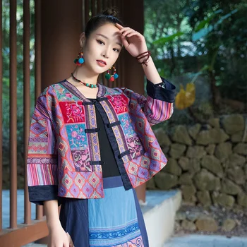 Късо палто в национален стил, женствена бродерия, мозайка шиене, реколта китайски дрехи, традиционен костюм от епохата на Тан, свободна жена китайската яке, новост
