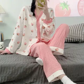 Пролетно нова пижама, женски памук жилетка с V-образно деколте, летни дрехи за кондициониране на въздуха, домашно облекло, с принтом, пижами