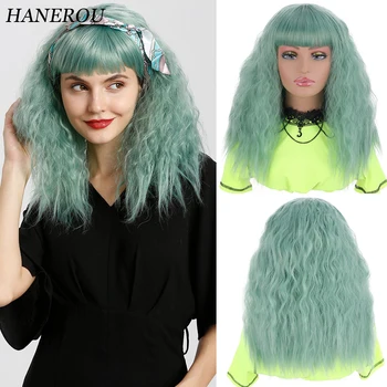 HANEROU Зелени къдрава къса перуки с бретон, синтетичен женски перука от космати естествена коса, топлоустойчива за ежедневни партита, cosplay