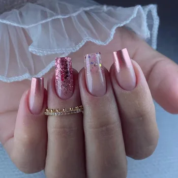 24 бр. розови пайети цвят шампанско, режийни ноктите, дизайн на нокти, Аврора, градиентный блясък, изкуствена подплата за нокти, акрил накрайници за нокти