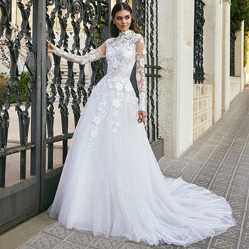 Сватбена рокля с аппликацией с високо воротом и дълъг ръкав, илюзия тюл, трапециевидный панделка с дължина до пода, луксозни сватбени рокли