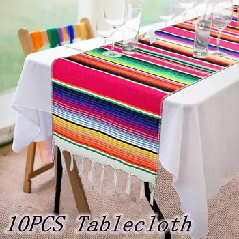 10ШТ Мексико настолна пътека Serape за мексикански партита, сватбени украси, маса за пикник на открито, памучен покривка с ресни