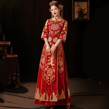 Ретро халат булката Традиционно китайското сватбена рокля с бродерия на Феникса, Ципао с яка-часова Рокли