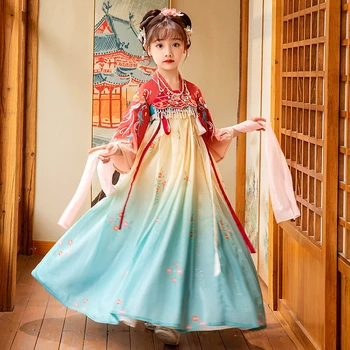 Пролетен детски костюм Следа за изказвания, китайското рокля за момичета, китайски народни танци, костюми, източна ретро бродерия Ханфу