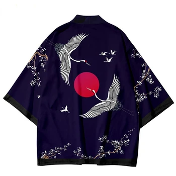Ежедневна риза в стил харадзюку, женски мъжки японски шорти-кимоно Хаори, жилетка с принтом журавля, летни плажни върховете оверсайз