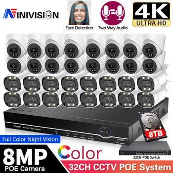 8-мегапикселова 32-канален камера за видеонаблюдение Комплект система за сигурност пълноцветен комплект POE NVR за нощно виждане Система за разпознаване на лица IP камера за видеонаблюдение