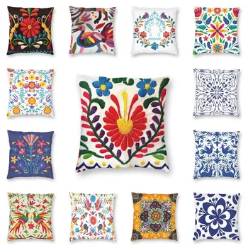 Мексикански цветя, птици, Otomi, калъфка за възглавница с бродерия, диван, хол, плочки за народната цветен текстура, квадратна калъфка 40x40 см