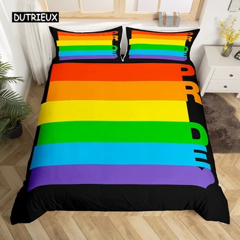 Пухени цветове на дъгата King Queen, комплект спално бельо Гордост за ЛГБТ, комплект спално бельо Proud, многоцветен модел на райета, завеси от полиестер, стеганое одеяло, калъф