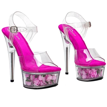 Leecab на висок ток 6 см/15 см, кристален платформа, чубрица клубни обувки, екзотични сандали за танци на един стълб, сандали на висок ток