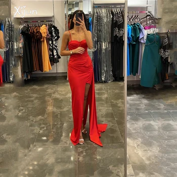 Елегантни червени вечерни рокли на русалка Xijun, абитуриентски рокли за спагети презрамки, абитуриентски рокли без ръкави, вечерна рокля Саудитска Арабия за жени