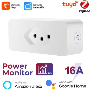 Бразилски Монитора 16A Sasha Smart Zigbee Socket Plug Безжична Контакт с Адаптер Таймер Гласова Работа с Алекса Google Home