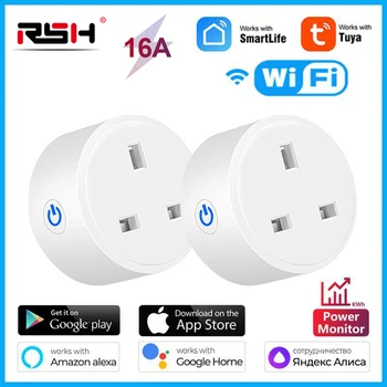 Sasha Smart Wifi UK Plug 16A Безжична Контролна Контакт с Функция Таймер контрол енергия Работи с Алекса Google Home