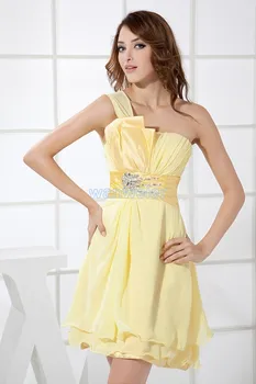 безплатна доставка 2015 нов пристигане гореща секси плюс вечерна рокля с едно рамо кратко мини потребителски жълти шифоновые Рокли на шаферките