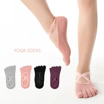 Чорапи за йога с пет пръста и 5 чорапи, дамски чорапи от чист памук, с кръстосан колан, нескользящие силиконови чорапи-лодка