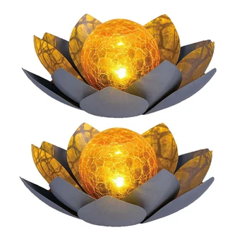 2 слънчеви фенер за декор градина на открито, амбър кристален глобус, декорация във формата на стъклен лотос, водоустойчив метален лампа във формата на цвете (сив)